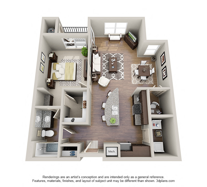 Floor plan for 1 bed, 1 bath, 911 sqft